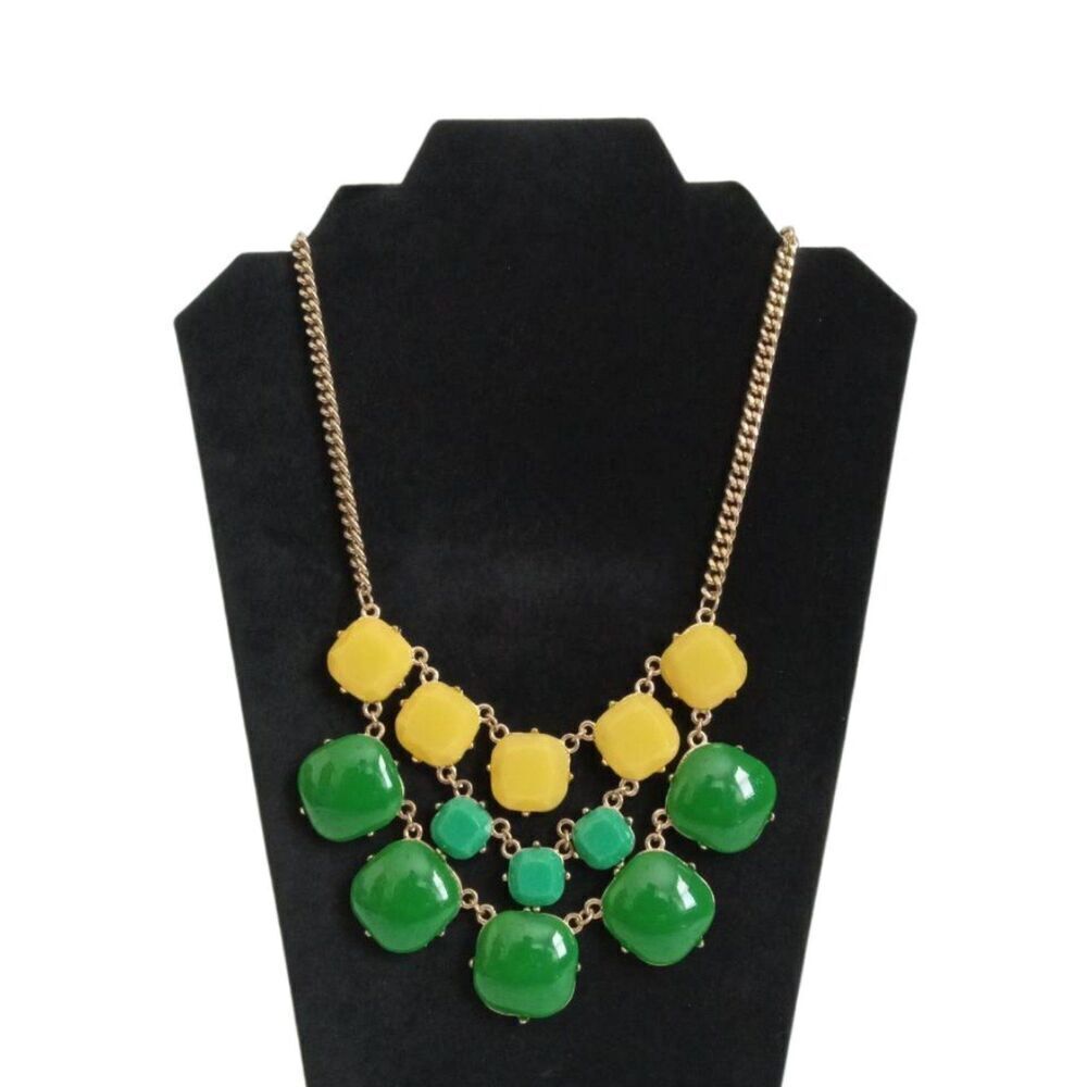 Green and Yellow Stones Gold Toned Curb Link Chain Bib Style Statement Necklace